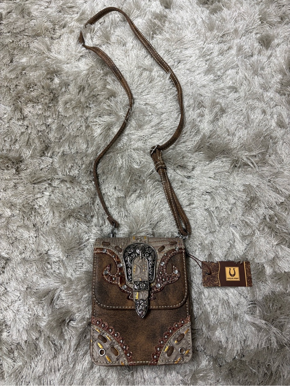 NWT Unique West Brown Western-Style Crossbody Phone Bag with Embellished Buckle